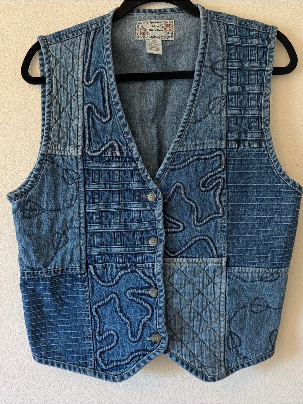 90s New Direction Patchwork Denim Vest Large Quilted Boho Artsy Grandmacore VTG